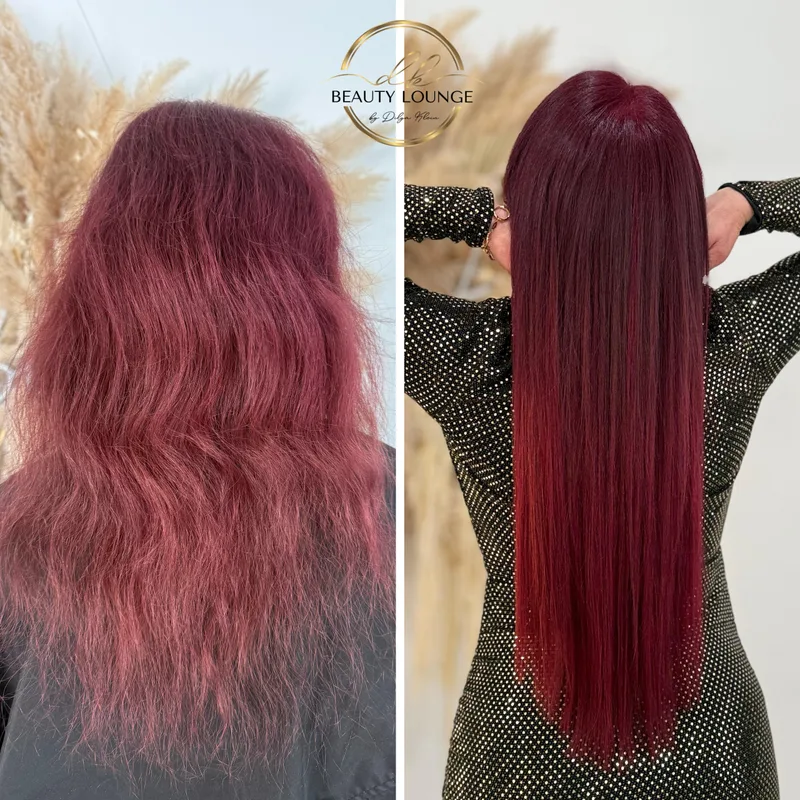 Haarverlängerung mit Keratin-Bondings: rotes Haar vorher dünn und ausgefranst, danach lang und voll – DK Beauty Lounge Bodelshausen