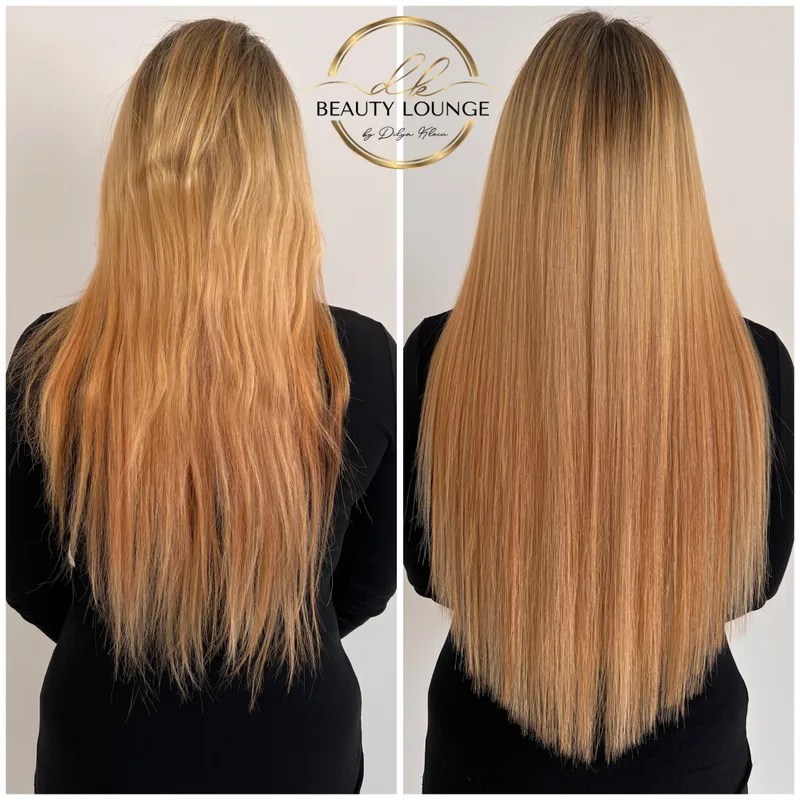 Haarverlängerung bei blondem Haar: vorher und nachher im direkten Vergleich – DK Beauty Lounge Bodelshausen