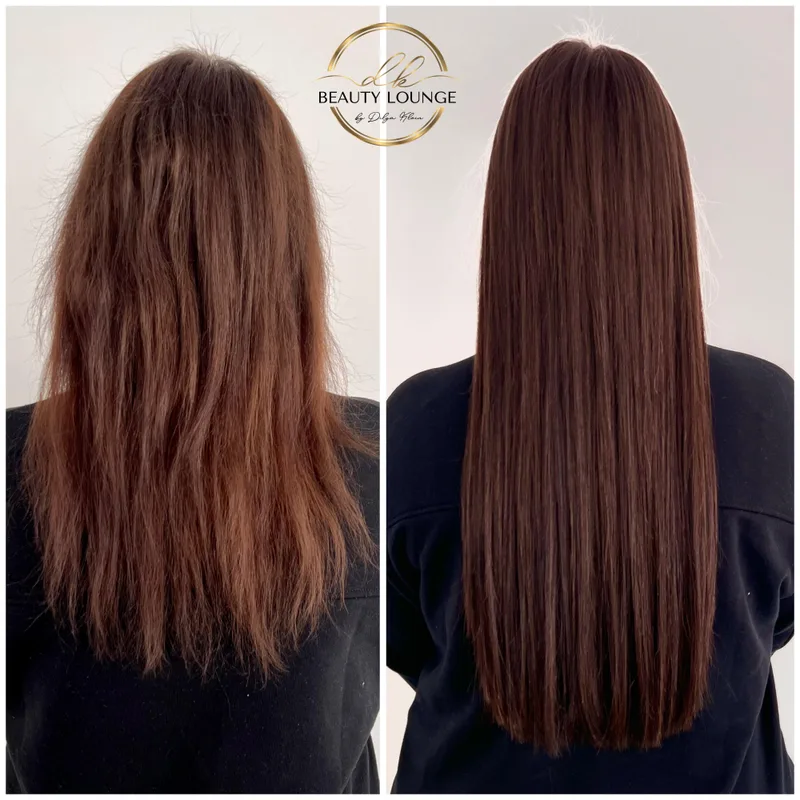 Haarverlängerung bei braunem Haar: vorher und nachher im direkten Vergleich – DK Beauty Lounge Bodelshausen