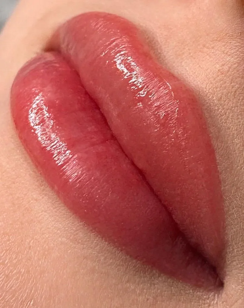 Lippen mit Permanent Make-up, glänzendes Ergebnis in Nahaufnahme – DK Beauty Lounge Bodelshausen